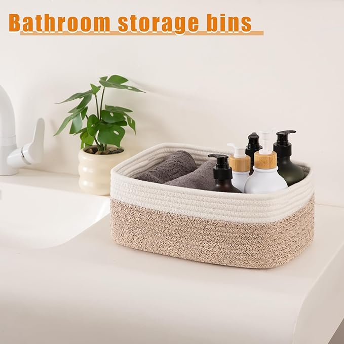 OIAHOMY 4 Pack Storage Baskets for Organizing, Small Bins for Shelves, Cute Decorative Storage Bins, Organizer Baskets for Gifts Empty,13''Lx8.7''Wx5.1''H, Brown/White