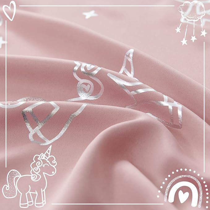 Vangao Rainbow Room Darkening Kids Curtains for Girls Bedroom Pink Unicorn for Kids Nursery Room Silver Foil Print Curtains Thermal Insulated Drapes Grommet Window Drapes 84 Inches Length 2 Panels