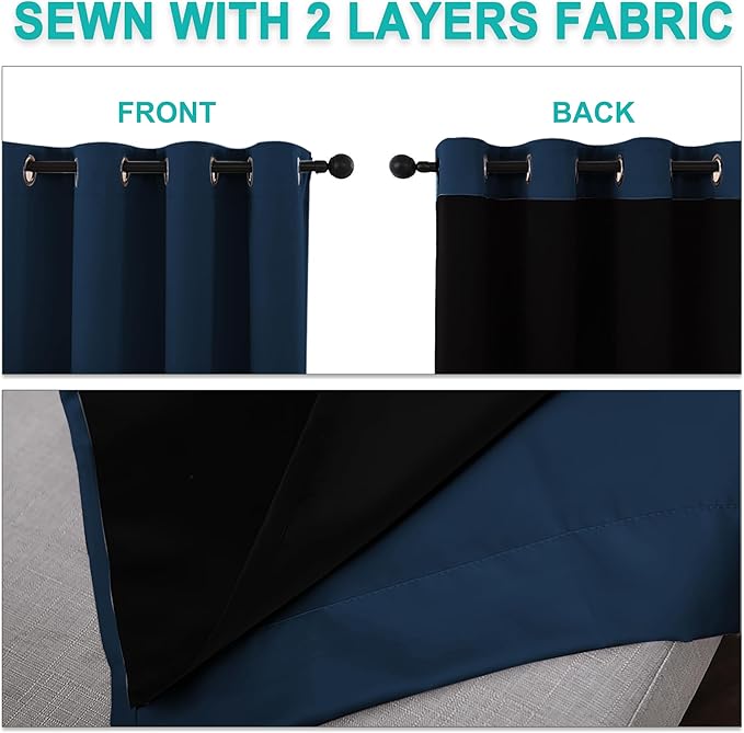 NICETOWN 100% Blackout Short Curtains with Black Liners, 2 Panels, 37" W by 40" L, Moroccan Blue, Thermal Insulated Full Blackout 2-Layer Lined Drapes, Energy Efficiency Window Draperies for Bedroom