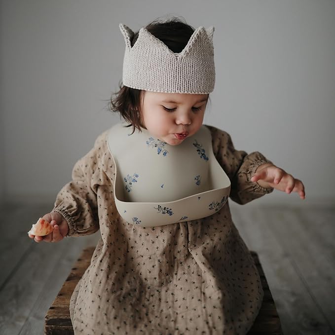 mushie Silicone Baby Bib | Adjustable Fit Waterproof Bibs (Lilac Flowers)
