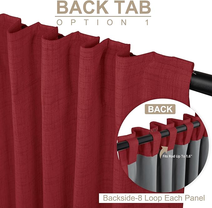 100% Blackout Shield Linen Blackout Curtains for Bedroom 96 Inches Long, Back Tab/Rod Pocket Living Room Drapes, Thermal Insulated Blackout Curtains 2 Panels Set, 50" W x 96" L, Red