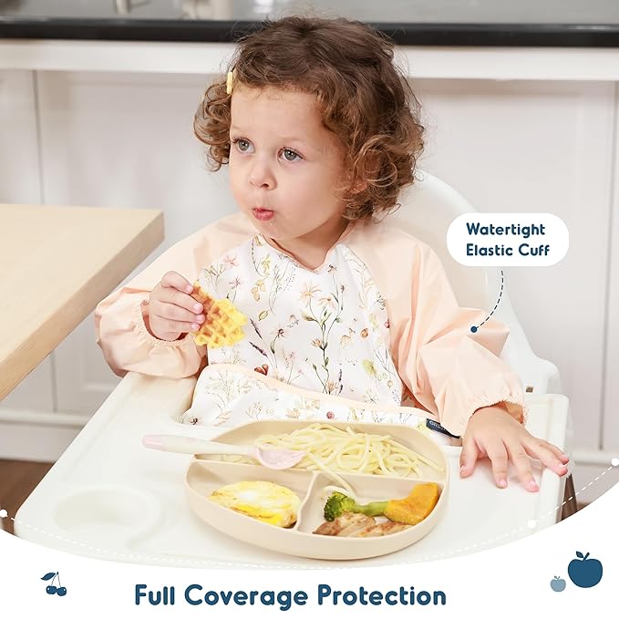 GRSSDER 2 Pack Long Sleeve Baby Feeding Bibs, Super Soft Lightweight Waterproof Coverall Baby Led Weaning Bib with Large Food Catcher Pocket, Adjustable and Easy Clean for 6-30 Months