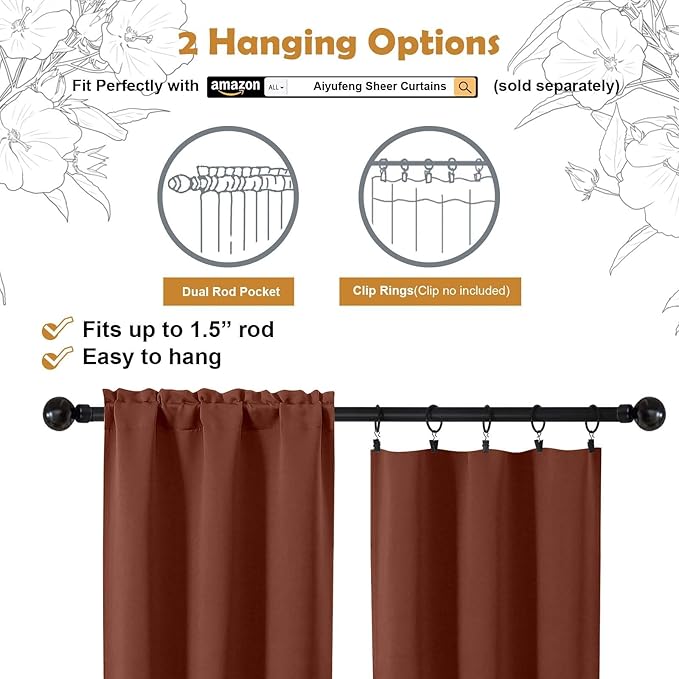 Aiyufeng Terracotta Short Blackout Curtains for Bedroom 45 Inches Long 2 Panels Set, Solid Thermal Insulated, Energy Saving Window Treatment Curtains Blackout Drapes, W40 x L45 Inch, Terracotta