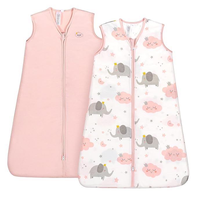 TILLYOU 2 Pack Baby Sleep Sack 18-24 Months 100% Cotton Wearable Blanket 0.5 TOG Sleeveless Summer Sleep Sacks with 2-Way Zipper, Pink Elephant & Cloud