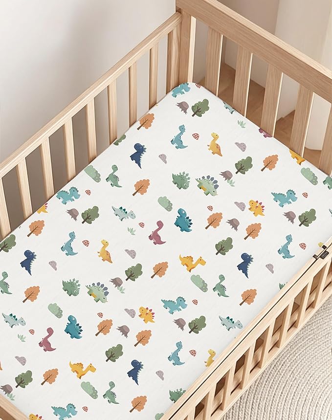 Pack and Play Sheets 2 Pack, Fitted Jersey Knit Mini Crib Sheets for Baby Boys and Girls, Compatible with Graco Pack N Play and Mini Crib Mattress (Sage Dino, Pack N Play/Mini Crib Sheets)