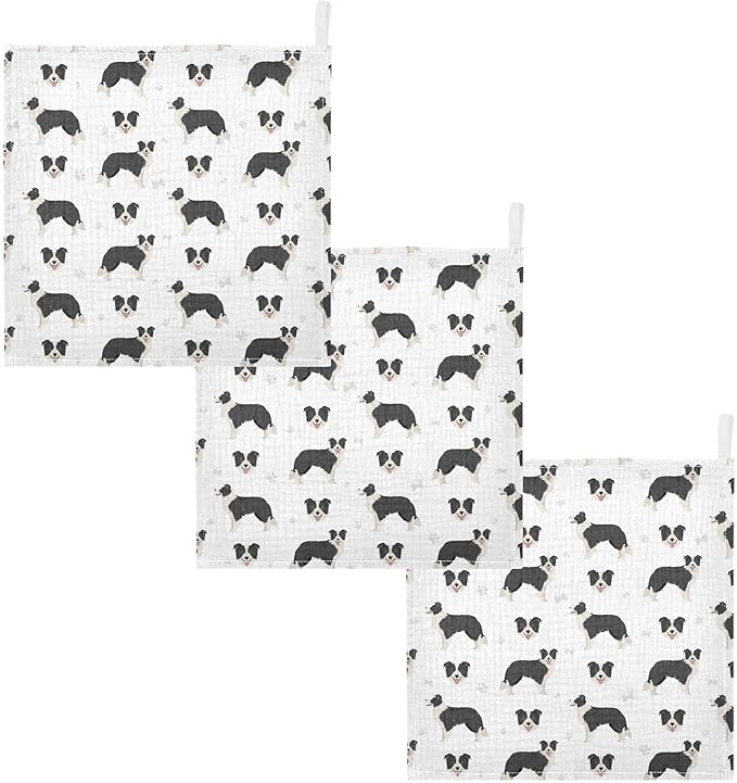 vvfelixl Baby Cotton Washcloths Border Collie Black Infants Bath Towel for Unisex Face Towels for Newborn, Natural Baby Wipes Delicate Skin, 11.8 X 11.8 inch, one sizex5