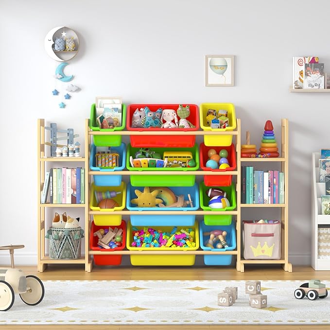 Large Toy Storage Organizer Kids Toy Organizer and Bookshelf Combo with 12 Bins and 6 Shelves Toy Organization Box Toy Shelf for Playroom, Bedroom, Nursery