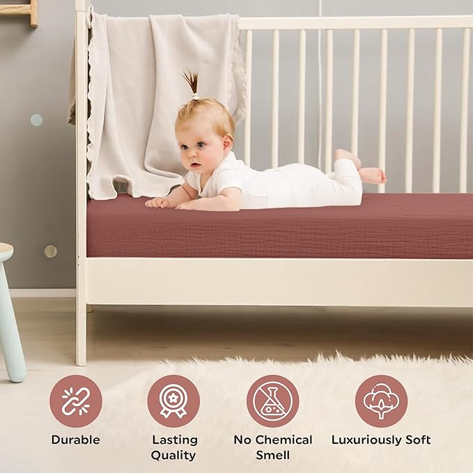 100% Organic Cotton Muslin Crib Sheets (Set of 2) – Soft & Breathable Fitted Sheets for Boys and Girls, Neutral Colors – Fits Standard Baby Crib Mattress (28 x 52 Inches) (Rust/Ivory)
