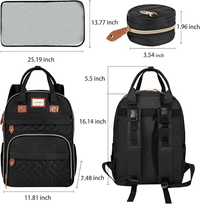 LANDICI Diaper Bag Backpack, Multifunction Baby Diaper Bags with Changing Pad, Stroller Straps & Pacifier Case, Travel Essentials Back Pack for Mom Dad Boy Girl, Large Capacity, Waterproof, Black