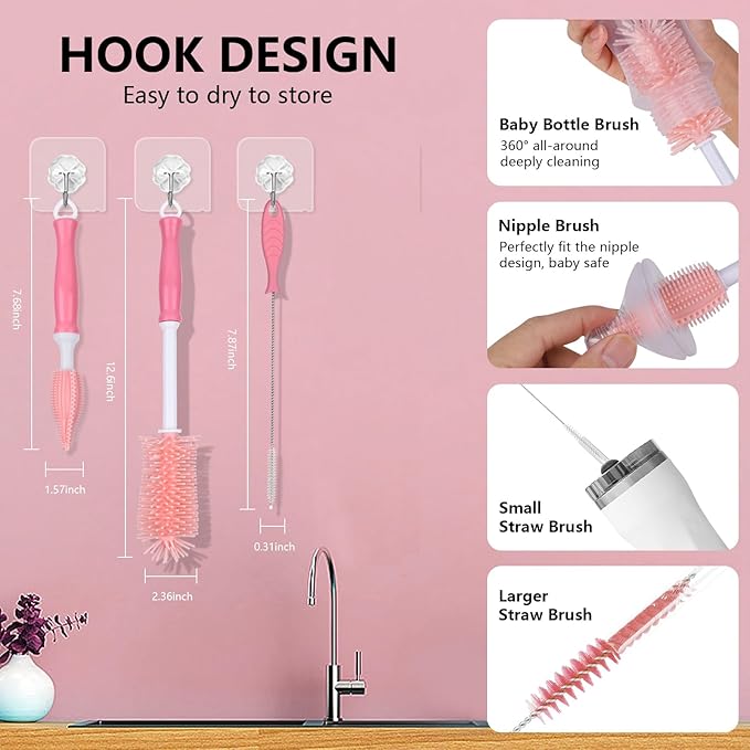 GUARDIX Silicone Bottle Cleaning Brush,Baby Travel Essential Bottle Brush Set, 3 in 1 Silicone Brush, Nipple Brush, Straw Brush
