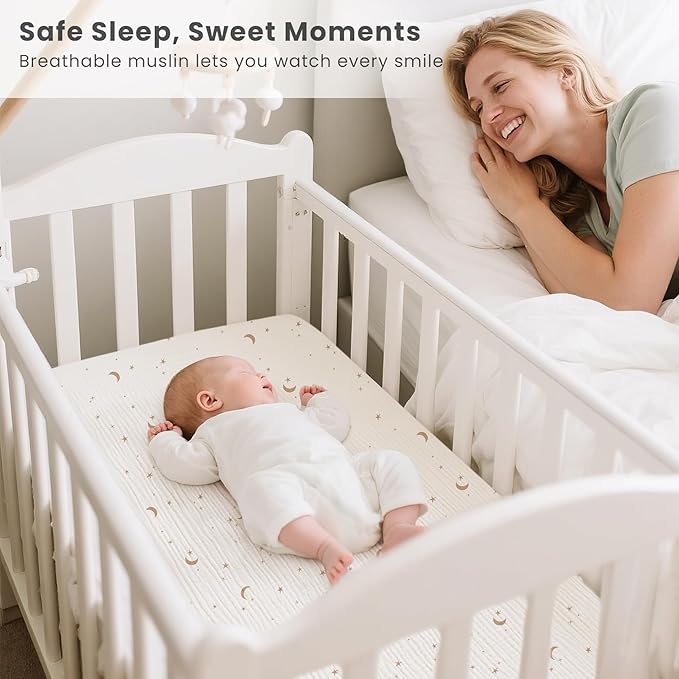 Konssy 2 Pack Muslin Bassinet Sheets for Baby Boy, 100% Cotton Soft Breathable Bassinet Mattress Sheets Fit for Hourglass Oval Cradle Rectangle Mattress (Coffee Check,Moon)