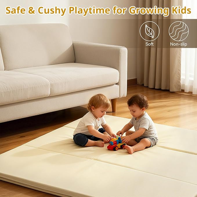 Baby Play Mat, 48 x 48 Inch Foldable PU Leather Waterproof Playpen Mat, 1.6" Extra Thick Foam Floor Mat for Infants and Toddlers, Non-slip Toddler Activity Playmat Cushion, Beige