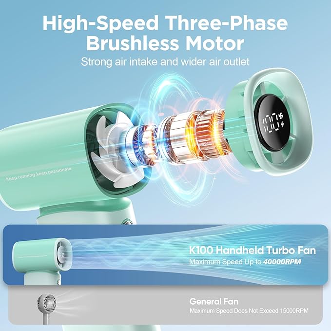 Portable Handheld Turbo Fan,100 Speeds Adjustable Mini Personal Fan, 4000mAh USB Rechargeable Battery Operated, LED Display,Gifts for Women Men Travel/Camping/Outdoor (Green)