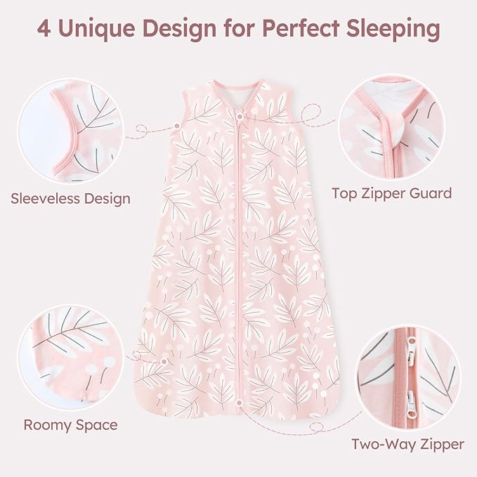 Unnivoll Baby Sleep Sack 18-24 Months 3 Pack 100% Cotton Lightweight 0.5 TOG Wearable Blanket Baby Sleep Bag with 2-Way Zipper for Newborn Infant Pink Flowers & Leaf