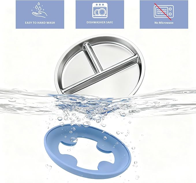Bakpoco Stainless Steel Suction Plates for Toddlers, 8" Divided Kids Baby Plates with Removable Silicone Suction, Non Toxic Non Slip Portion Control Snack Dishes 3 Packs, Blue Gray Beige