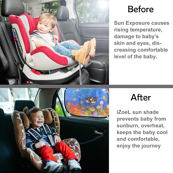 MOVINPE Car Sun Shade for Baby Kids 2 Pack Static Cling Side Window Car 80GSM Rear Sunshades Universal with 8 Suction Cups and Storage Bag - Sun Glare and UV Rays Protection (Undersea Animals)