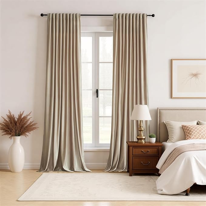 PRIMROSE Full Blackout Champagne Beige Velvet Curtains 102 inch Long for Living Room,2 Panels Liner Rod Pocket Back Tab Thermal Window Curtains Room Darkening Curtain Drapes for Bedroom