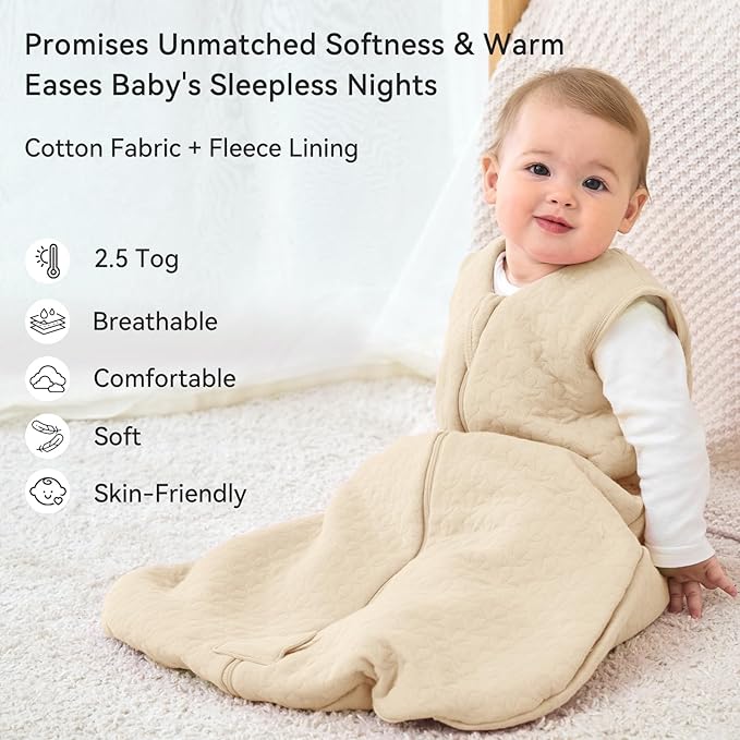 Unnivoll Baby Sleep Sack 18-24 Months TOG 2.5 Winter Baby Wearable Blanket, 100% Cotton Fabric Newborn Infant Sleeping Sack 2-Way Zipper Quilted Baby Sleep Bag, Warm Soft Apricot