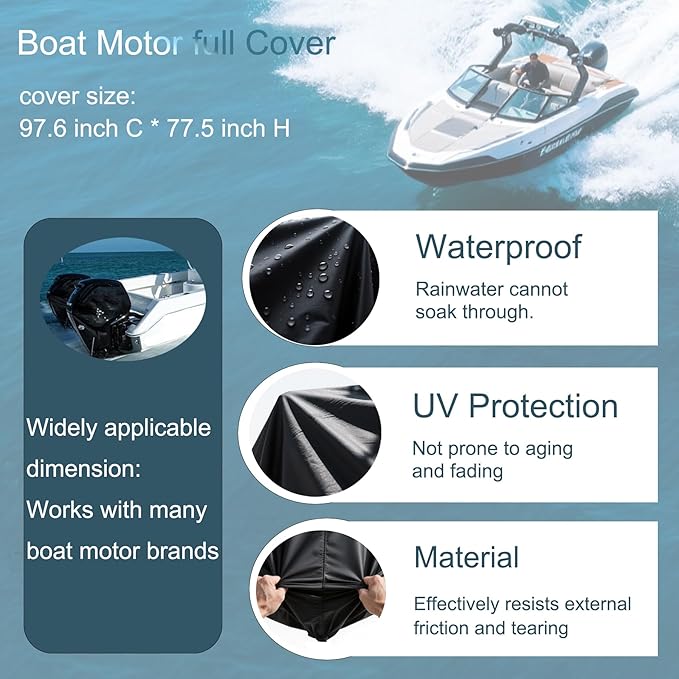 Waterproof Outboard Boat Motor Cover for 150-225HP，97.6 inch C * 77.5 inch H, Heavy Duty, Fade-Resistant, Universal Fit Engine Protection