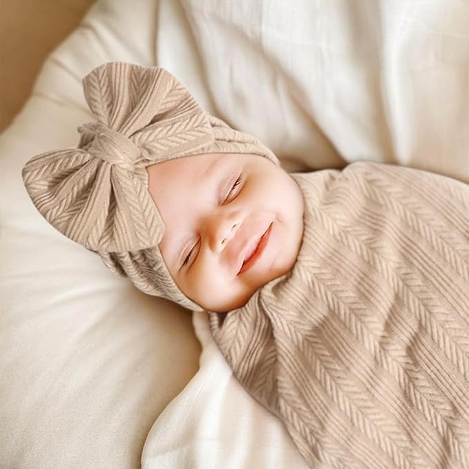 DRESHOW BQUBO Baby Swaddle Blankets for Girls, 4PCS Newborn Accessories Set with Hat and Bow Headband with Hello World Wooden Birth Announcement Card, Baby Blankets for Girls