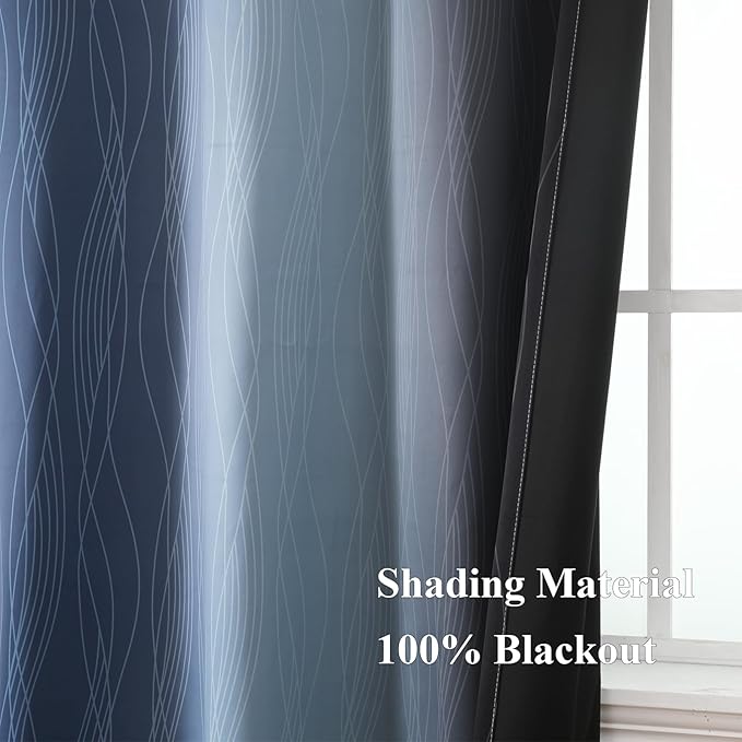 Estelar Textiler Black and Navy Blue Gradient Blackout Curtains for Bedroom 96 Inch Length, Thermal Insulated Ombre Drapes, Full Light Blocking Energy Saving Curtains for Living Room,52Wx96L,2 Panels