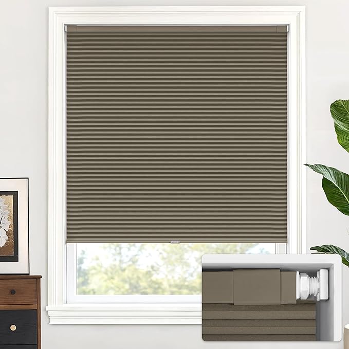 LazBlinds Cordless Cellular Shades, No Tools No Drill Blackout Honeycomb Shades Pleated Blinds for Windows, 47" W x 64" H, Dark Coffee