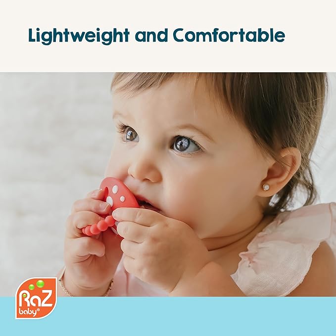 RaZbaby Soft Silicone Infant & Baby 3M+ Teether Toy Massaging Bristles Teething Relief Pacifier - Soothes Sore Gums - Hands-Free & Easy-to-Hold Chompy Teether, BPA Free (RED/Lavender)