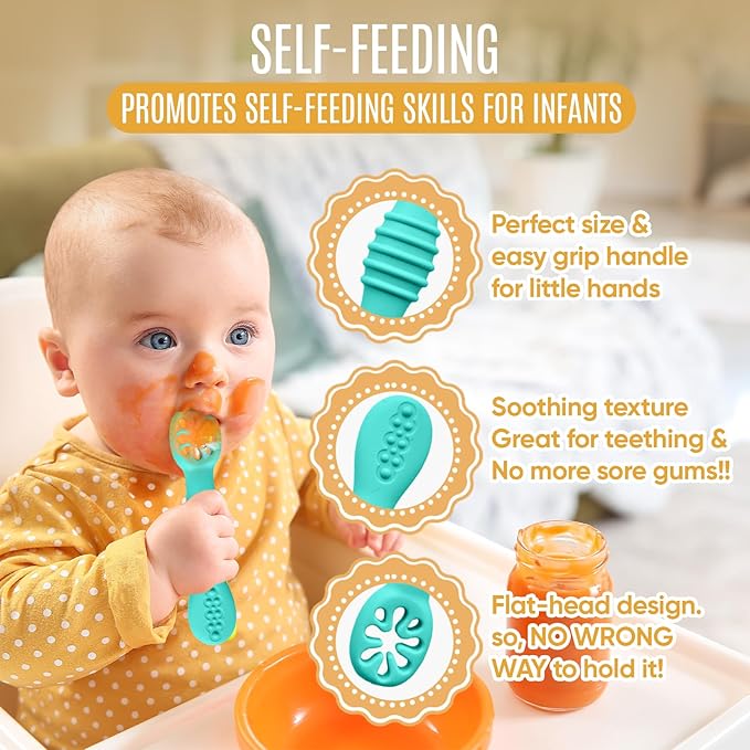 HippoBaby 4pc Silicone Baby Spoons Self Feeding Baby Utensils 6-12 Months - 3 Baby Spoon - 1 Baby Fork - Toddler Cutlery Set - BPA Free, Dishwasher Safe - Baby Eating Essentials (Turquoise/Pickle)