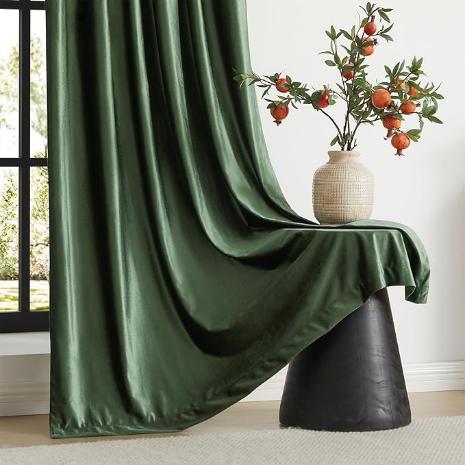 PRIMROSE Emerald Olive Green Velvet Curtains 96 inch Long for Living Room,Set of 2 Panels Blackout Rod Pocket Back Tab Window Treatment Room Darkening Heavy Decorative Curtains Drapes for Bedroom