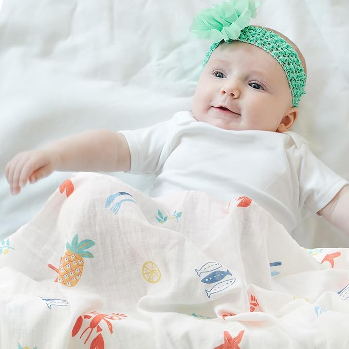 Muslin Swaddle Blankets for Newborn, 2-Pack Breathable Receiving Baby Blanket, Large 47 x 47 Inches Swaddling Wrap for Boys and Girls (Beach Fun)