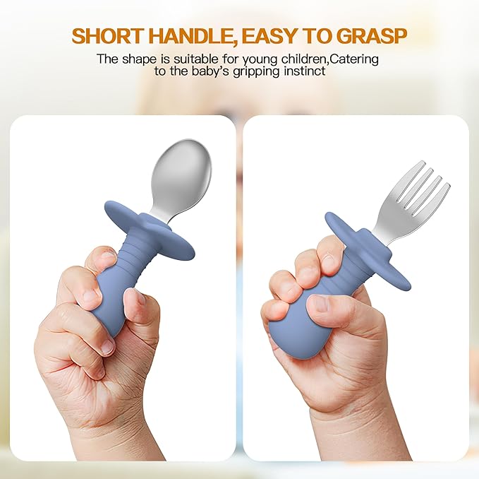 2 Pieces Toddler Utensils Forks and spoons set, Stainless Steel Childrens Silverware for Safe flatware Metal Kids Cutlery set with Round Handle, BPA Free, Anti-Choke Design (Dark Blue)