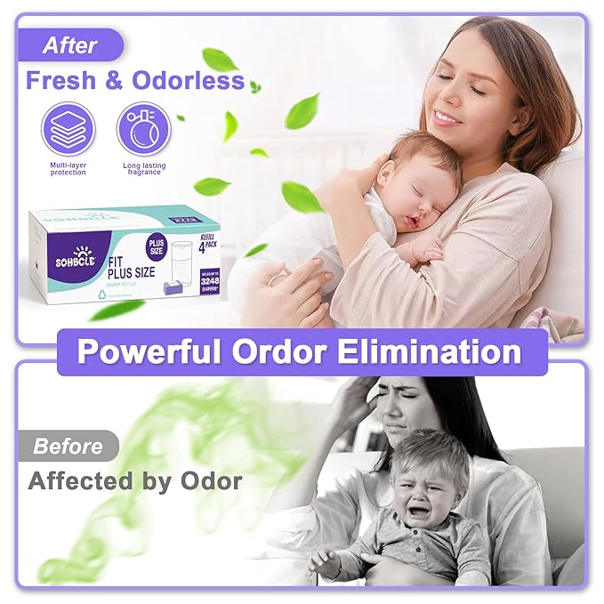 Diaper Pail Refill Bags Compatible with Dekor Plus Diaper Pail Refills 4 Pack Extra 14% Length,Holds up to 3248 Diapers,Extra 30% Thickness Powerful Odor Eliminate Lavender Scent for Baby/Adult