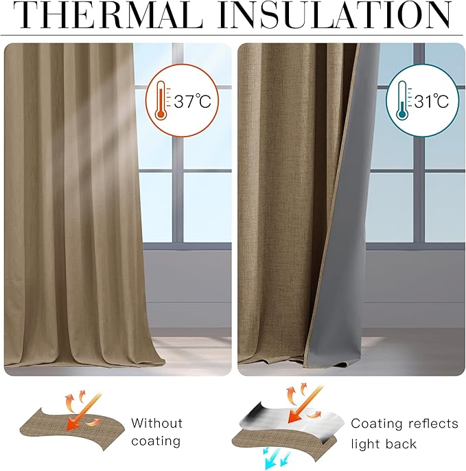 RYB HOME Burlap 100% Blackout Linen Curtains 72 inch Long, Thermal Insulated & Privacy Assurd Drapes for Bedroom/Office/Nursery, Rod Pocket & Back Tab Window Treatment, W52 X L72, 2 Panels