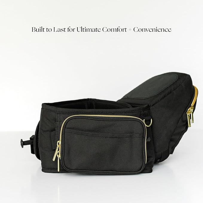 Tushbaby Original Hip Seat Baby Carrier for Babies & Toddlers up to 45 lbs, Safety Certified, Lightweight No-Foam Design with Storage & Nursing Support, Black & Gold