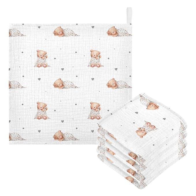 vvfelixl Baby Washcloths Cotton Cute Sleeping Teddy Bears Baby Muslin Washcloths Soft Baby Face Towel for Newborn Infants Baby Wipes, 11.8 X 11.8 inch, one sizex3