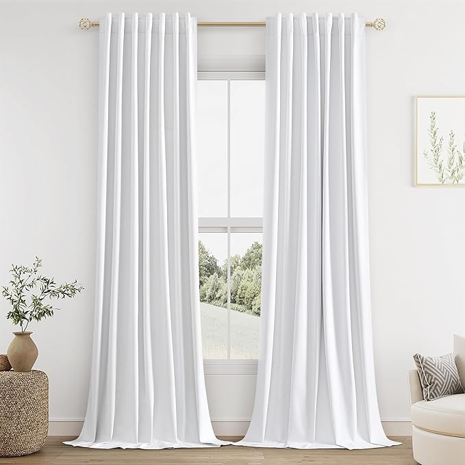 Guken White 100% Blackout Curtains 144 Inch Length 2 Panels Set for Living Room Bedroom Back Tab Thermal Insulated Black Out Linen Drapes Room Darkening Window Curtains