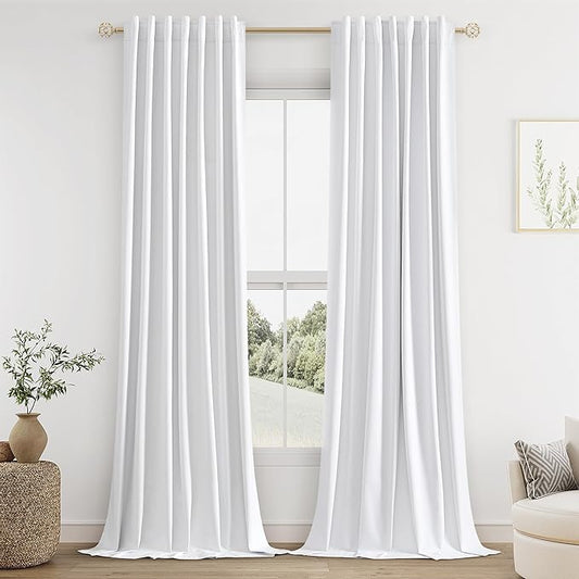 Guken White 100% Blackout Curtains 144 Inch Length 2 Panels Set for Living Room Bedroom Back Tab Thermal Insulated Black Out Linen Drapes Room Darkening Window Curtains