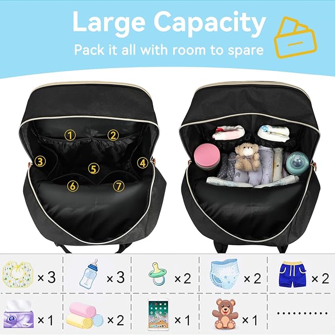LANDICI Diaper Bag Backpack, Multifunction Baby Diaper Bags with Changing Pad, Stroller Straps & Pacifier Case, Travel Essentials Back Pack for Mom Dad Boy Girl, Large Capacity, Waterproof, Black