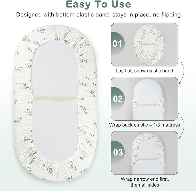Basumee Muslin Bassinet Sheets for Baby Girl Boy 2 Pack Soft Breathable Baby Bedside Bassinet Fitted Sheets with Bottom Elastic Band 33''x17''x4'' Mattress Cover for Rectangle Oval Hourglass Bassinets