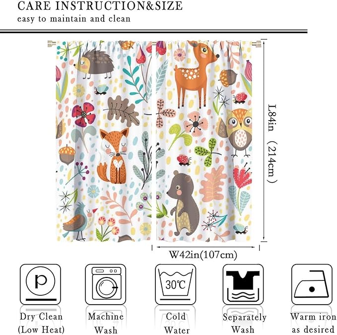 Forest Animals Kids Curtains, Watercolor Wild Rustic Bear Fox Deer Children Cartoon Window Treatments for Living Room, Watercolor Blackout Drapes 2 Panel Sets,84x84 Inch