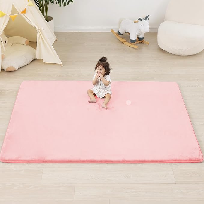 1.3" Thick Baby Floor Play Mat 39x59, Basic Padded Foam Mat for Tummy Time Crawling, Non Slip Cushioned for Babies Toddlers Infants Kids (Pink)