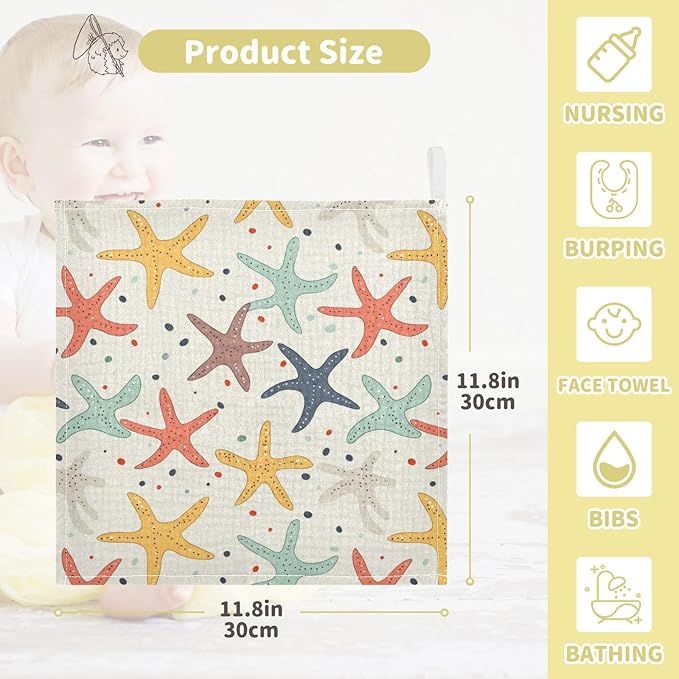 vvfelixl Colorful Starfish Baby Burp Cloths Baby Muslin Washcloths for Boys Girls Cotton Babys Face Towel for Newborn Infants Soft and Absorbent 11.8 X 11.8 in, 5 Pack
