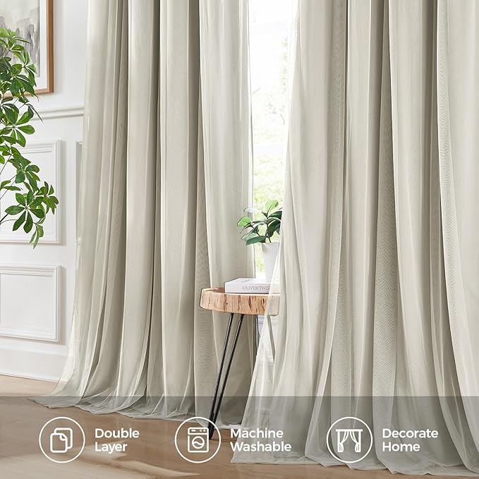 100% Blackout Curtains for Bedroom, Double Layer Ivory Curtains, Black Out Curtain 96 inch Long with Sheer Overlay for Living Room, Room Darkening Window Drapes with Grommet, 52" W x 96" L