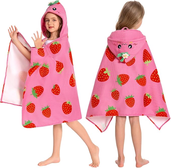 OLAOLA Strawberry Hooded Towel for Kids 3-12 Years, 28" x 53" Soft Thick Absorbent Beach Towels, Toddler Bath Towel Wrap Swim Pool Towels Poncho for Boys Girls
