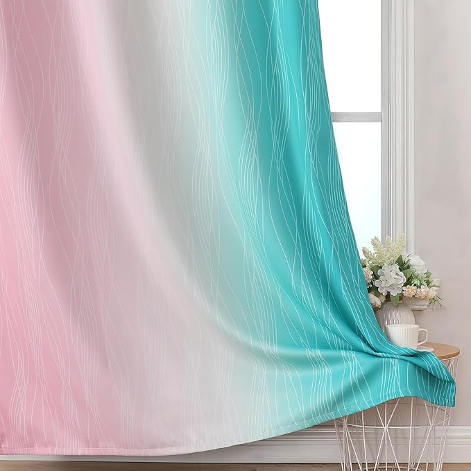 Estelar Textiler Pink and Teal Blackout Curtains for Living Room, Full Room Darkening Grommet Ombre Curtains for Bedroom, Thermal Insulated Light Blocking Gradient Drapes, 42Wx63L, 2 Panels