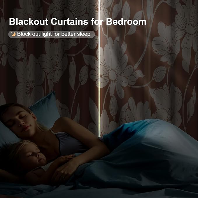Floral Blackout Curtains for Bedroom and Living Room, Patterned Vintage Brown Bedroom Curtains 84 Inch Length 2 Panels Set, Grommet Thermal Room Darkening Drapes Soundproof and Maintain Privacy