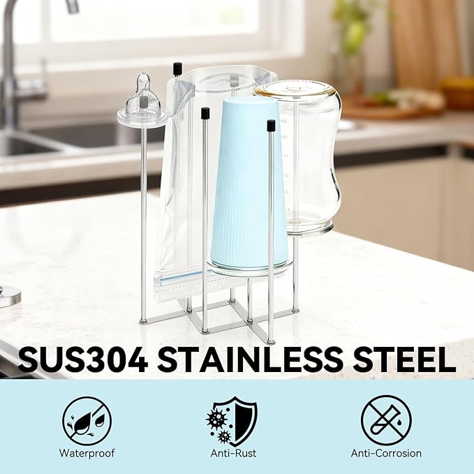 Hogarbliss Foldable Baby Bottle Drying Rack – 8-Pole Collapsible Bottle Organizer, suitable for cups, silicone bags, and kitchen waste bags – Space-Saving Countertop Dryer for Home & Travel (Silver)