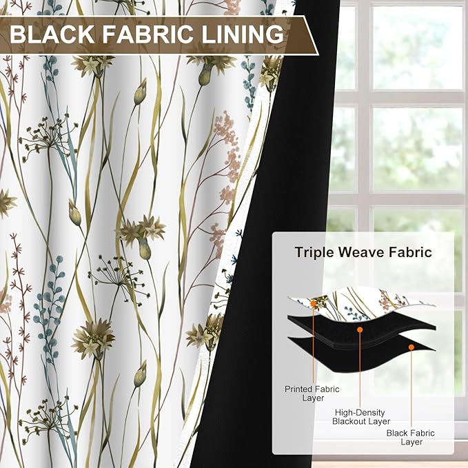 Floral Blackout Curtains for Bedroom and Living Room, Black Out Window Curtains 84 Inch Long 2 Panels Set, Grommet Room Darkening Soundproof Privacy Thermal Insulated Blackout Curtains for Winter