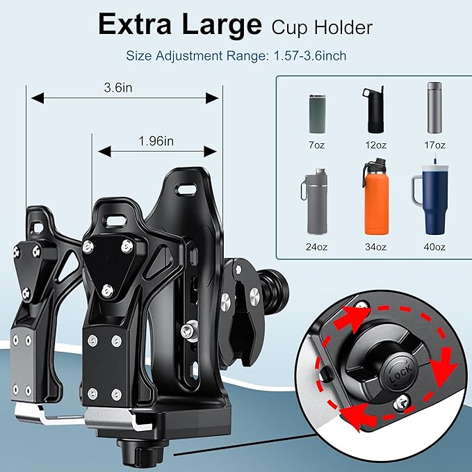 Generic Extra Large Motorcycle ATV Cup Holder Anti Theft, Adjustable Water Bottle Holder for 1.96 – 3.6"" Water Bottle, for Motorcycle Bike Baby Stroller Wheelchair Golf Push Cart Marine Boat Tractor