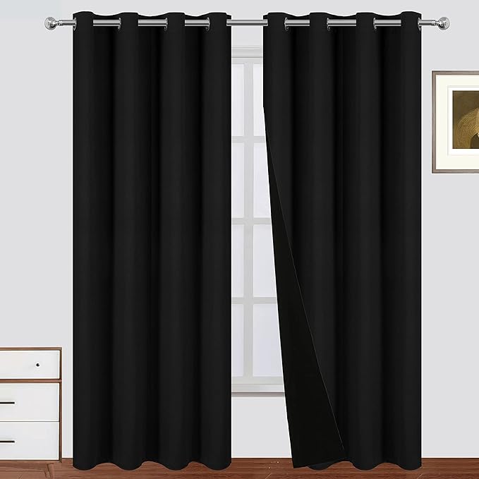 LEMOMO 100% Blackout Curtains 66 x 84 Inch Black Curtains 2 Panels Darkening Thermal Insulated Bedroom Curtains